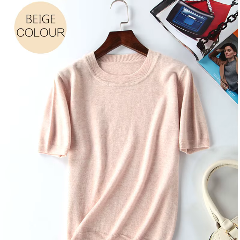 Pull tricoté à manches courtes et col rond pour femme, en laine et cachemire, couleur unie, nouvelle