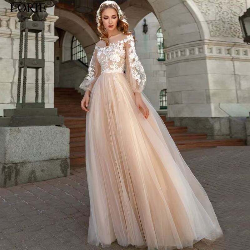LORIE-Robe de Mariée Trapèze en Dentelle, Tenue de Plage, Manches Lanternes, Tulle, Style Boho, pour