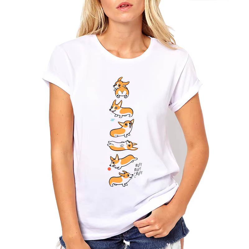 T-shirt manches courtes col rond Femme, estival et décontracté, avec Corgi imprimé, 2022