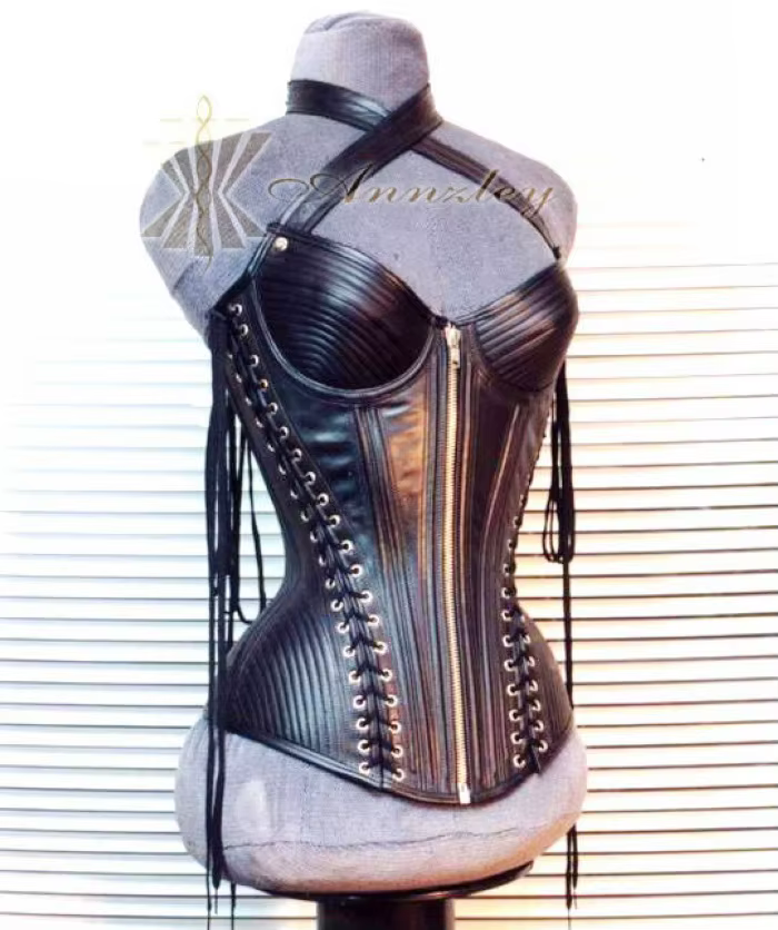 Corset Amincissant en Cuir group, Sangle et Laçage à la Taille, Noir, Top Mars, Luxe, 100%