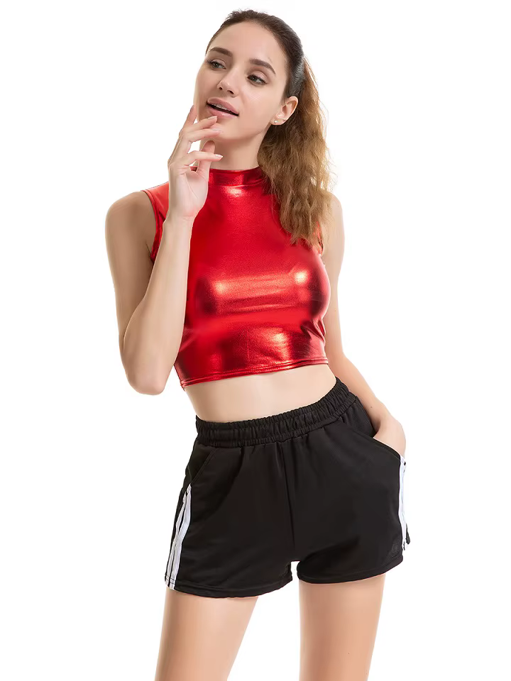 Haut court à col roulé liquide métallique brillant pour femme, aspect glacé, précieux, fête en Y, vê
