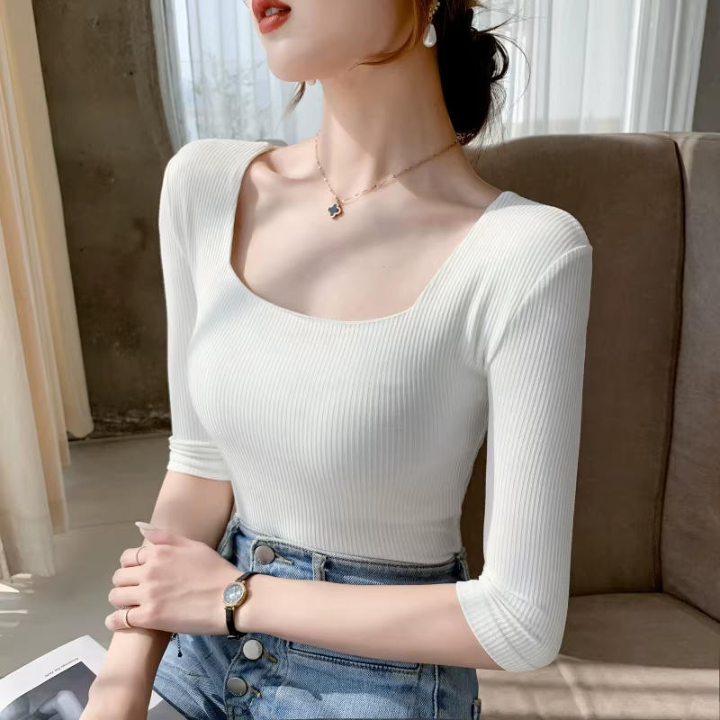 T-shirt manches mi-longues pour femmes, col carré, slim, en coton, solide, été, basique, haute élast