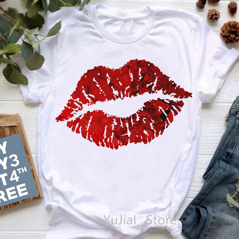 Rouge paillettes lèvres imprimer T-Shirt femmes vêtements été mode T-Shirt Femme blanc Style T-Shirt
