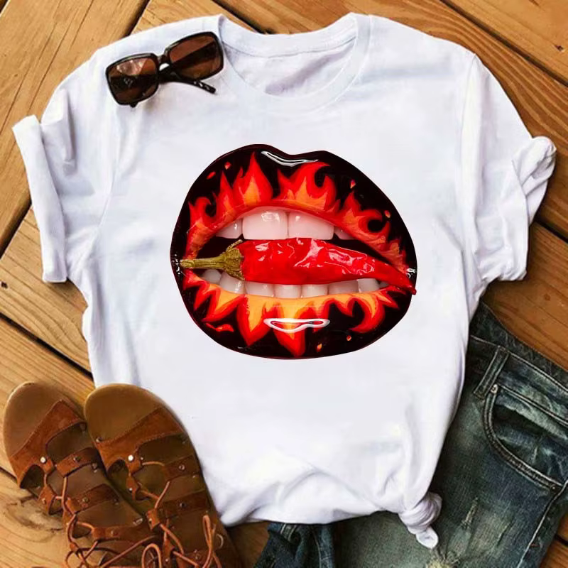 Maycaur femmes diamant lèvre graphique t-shirt mode femme hauts col rond Sexy noir t-shirts drôle dé