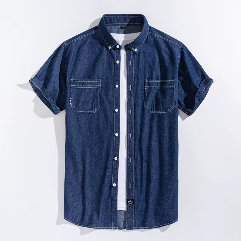 Chemises en Denim pour hommes, chemises à manches courtes, en coton, Slim, avec poches, de haute qua