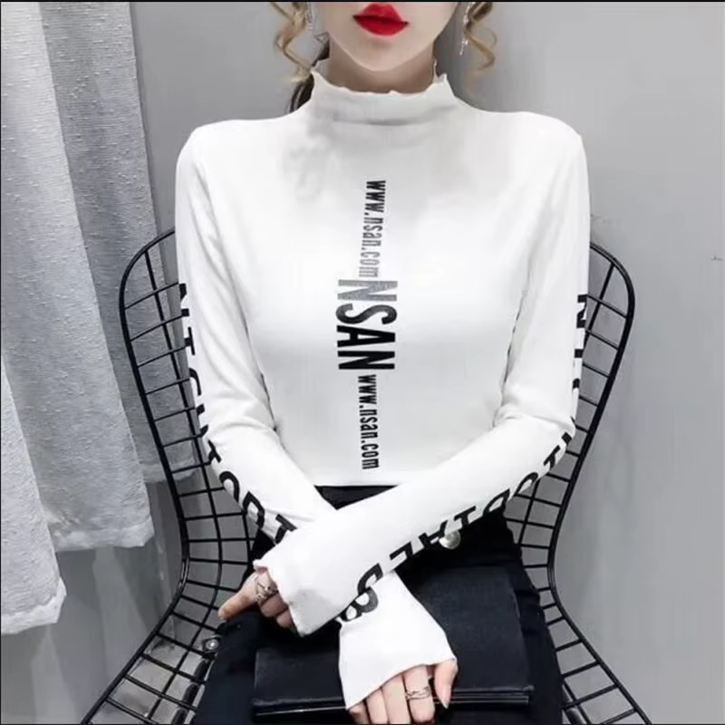 T-shirt à col mi-haut élastique pour Femme, haut chaud avec lettres imprimées, Streetwear, automne h