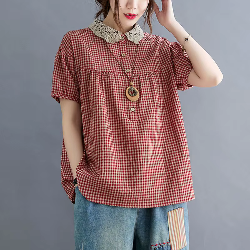 Chemises décontractées en coton et lin pour femmes, style vintage, col claudine, imprimé à carreaux,