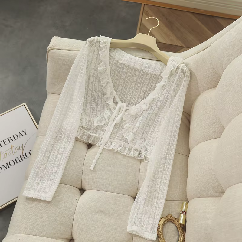 Blouson haussement d'épaules en dentelle pour femme, manches longues, blanc abricot, pas cher, soiré