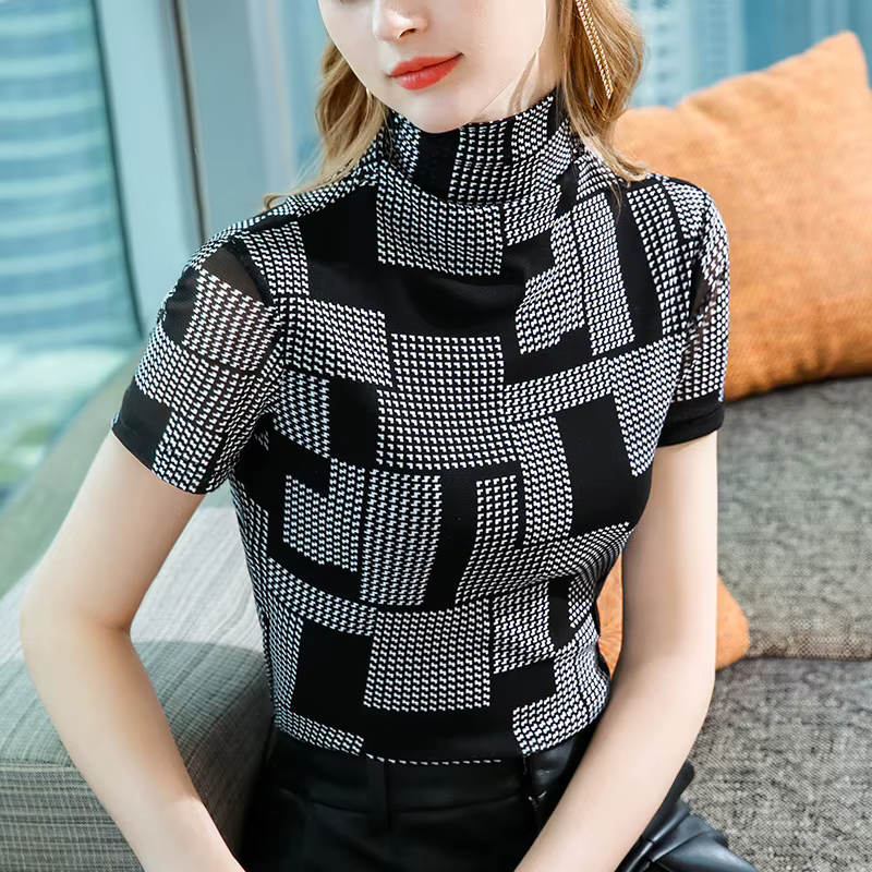 T-Shirt à Col Roulé et Manches Courtes en Maille pour Femme, Style Coréen, Simple, Décontracté, Slim