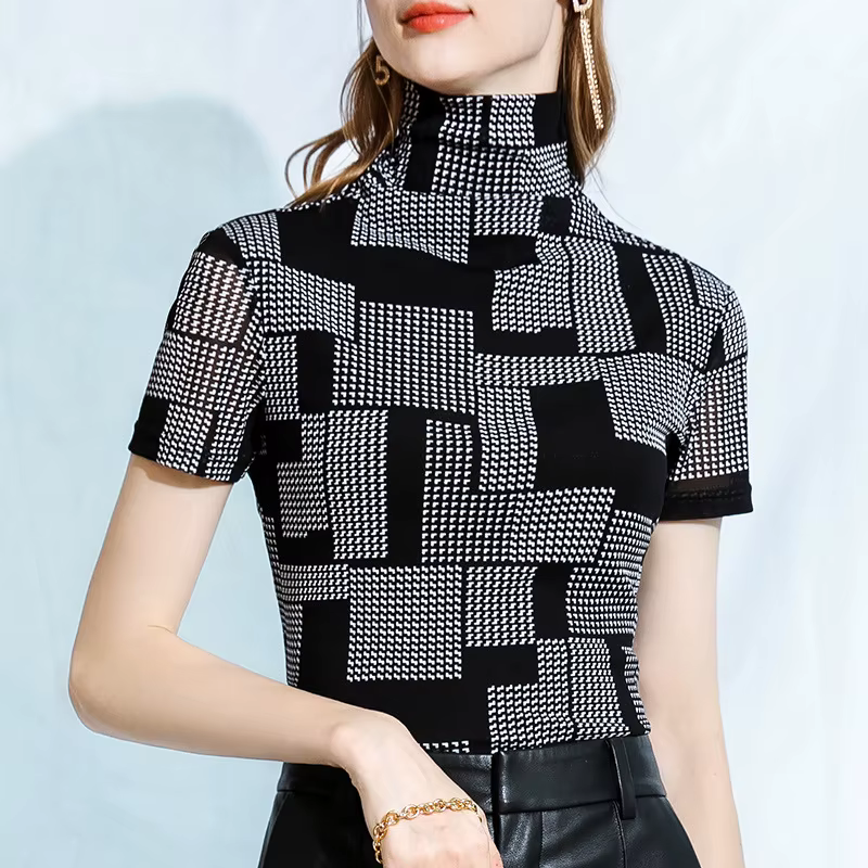 T-Shirt à Col Roulé et Manches Courtes en Maille pour Femme, Style Coréen, Simple, Décontracté, Slim