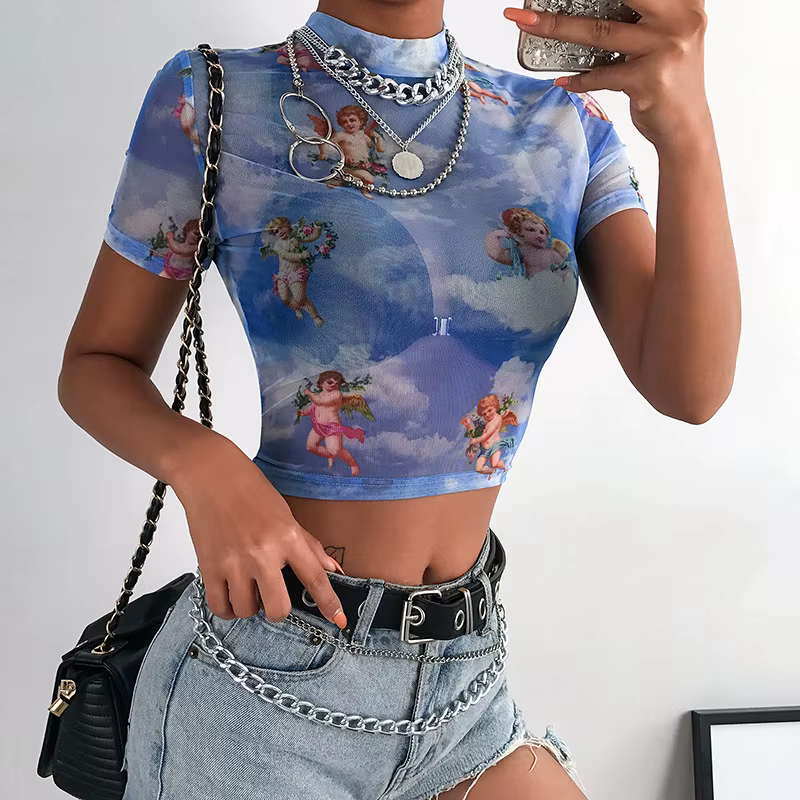 T-shirt manches courtes col montant femme, Streetwear, Harajuku, Sexy, en maille, ange imprimé, offr