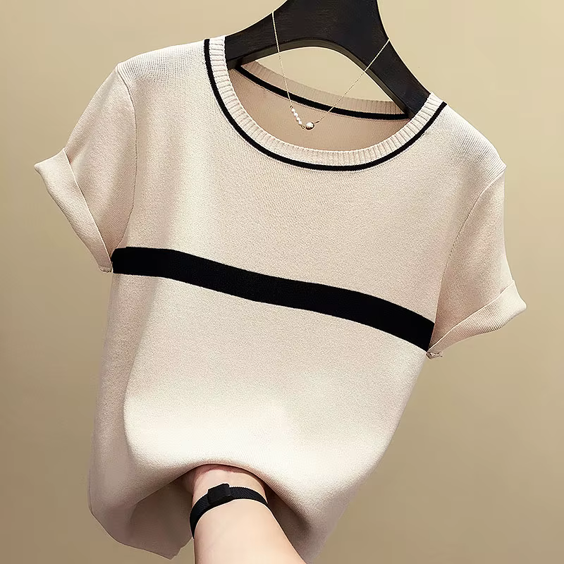 Camisetas Mujer nouveau mince tricoté T-Shirt femmes à manches courtes été hauts Femme vêtements ray