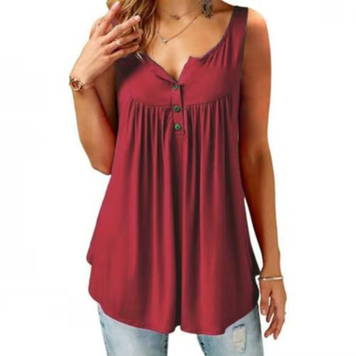 Femmes chaudes débardeur ample solide col en U femme Camisole sans manches plissé débardeur dames bo