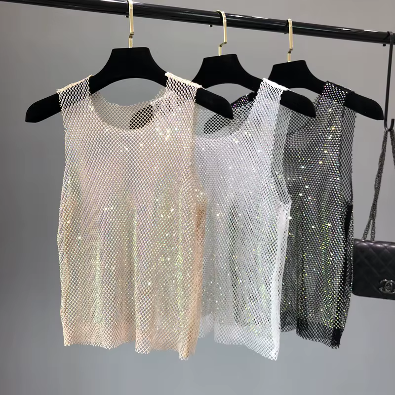 Débardeur brillant avec perles en cristal, camisole d'estampage, diamant évidé, sexy, club de fête