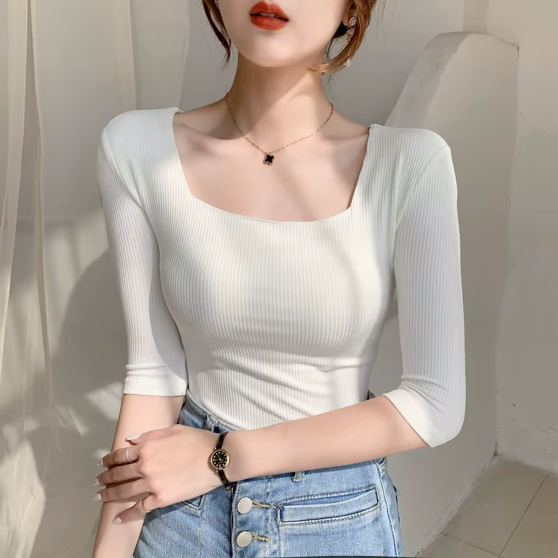 T-shirt manches mi-longues pour femmes, col carré, slim, en coton, solide, été, basique, haute élast