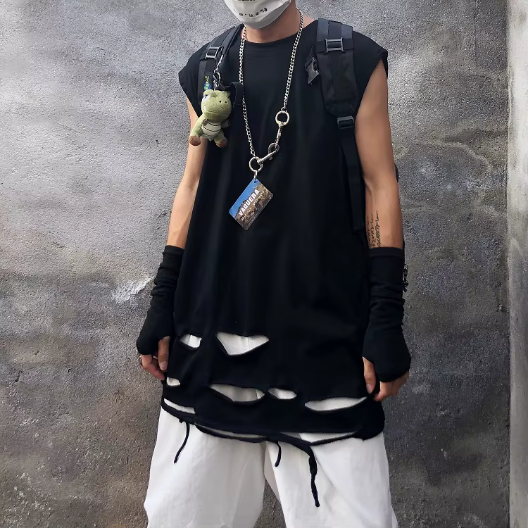 Débardeur d'été déchiré style punk hip-hop vintage pour hommes et femmes, coupe oversize, sans manch