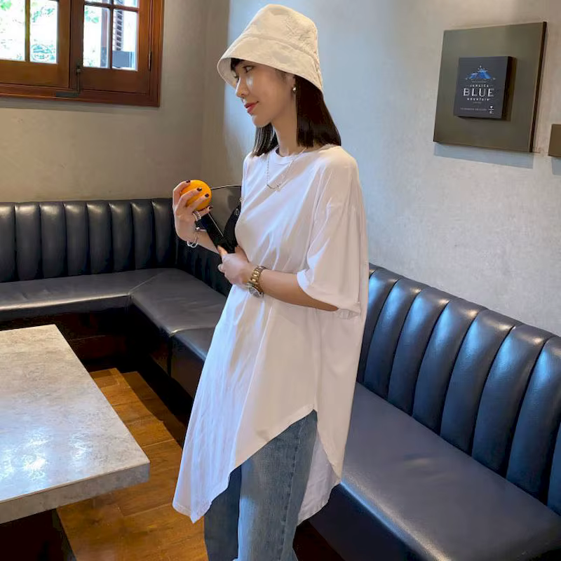 2025 été nouveau T-shirt femme 100% coton coréen irrégulier à manches courtes T-shirt jupe longue no