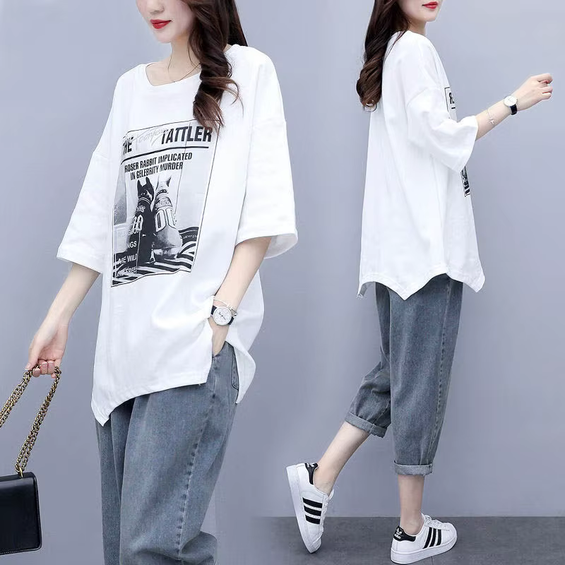 T-shirt imprimé coréen pour femme, tenue en jean femme, décontracté, trempé, nouveau, été, printemps
