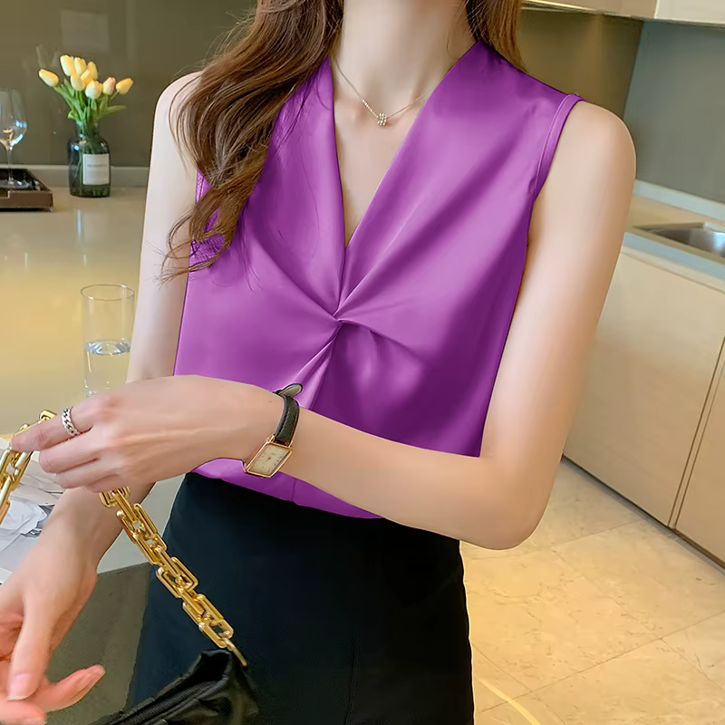 Chemisier en mousseline de soie à col en V pour femmes, chemise à fibres blanches, chemises d'été po
