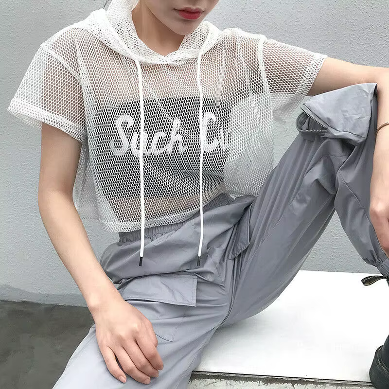 T-shirt à capuche en maille creuse pour femme, t-shirt à manches courtes, noir transparent, fête Clu