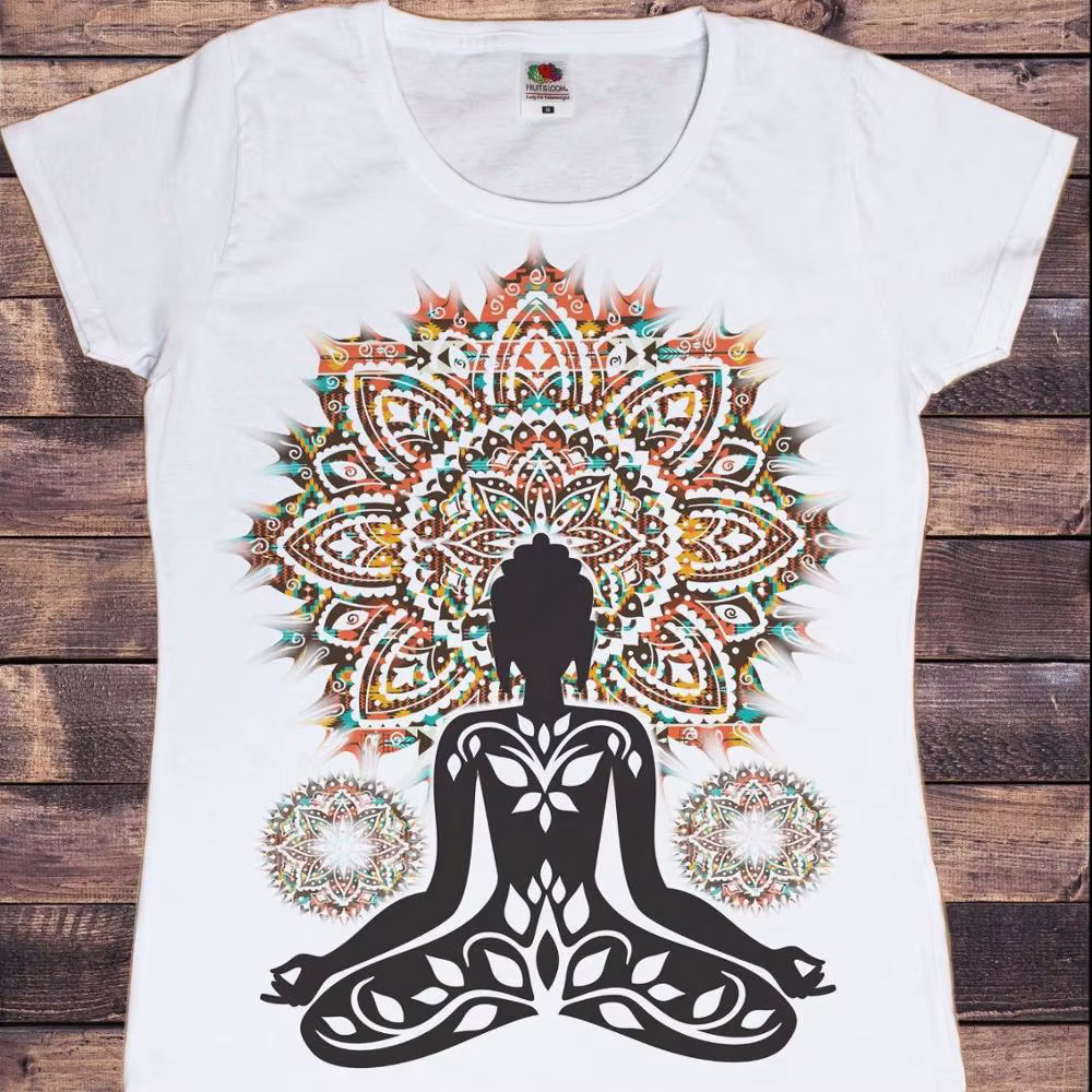 T-shirt à manches courtes pour femmes, estival et estival, avec impression de méditation bouddha cha