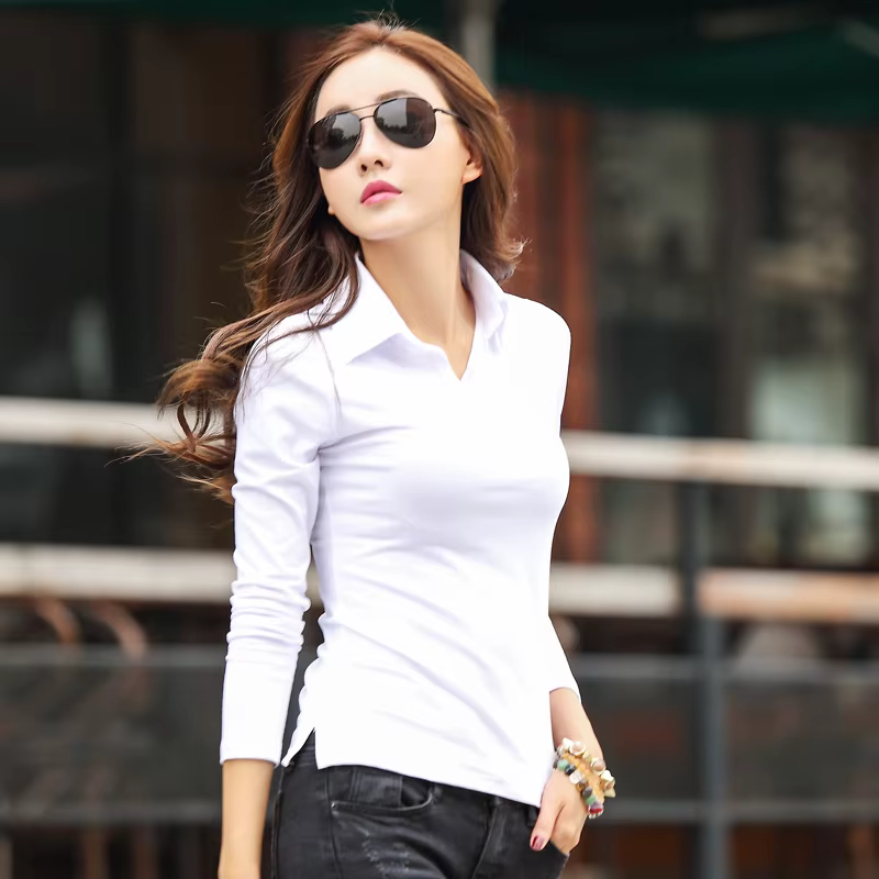 Solide T-Shirt Femme 2024 col rabattu femmes à manches longues hauts printemps complet mince coton T