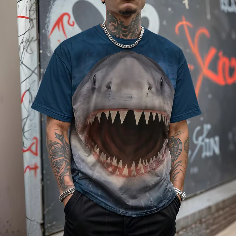T-shirt à manches courtes pour homme avec imprimé requin et lunettes de soleil, fond bleu océan, sty