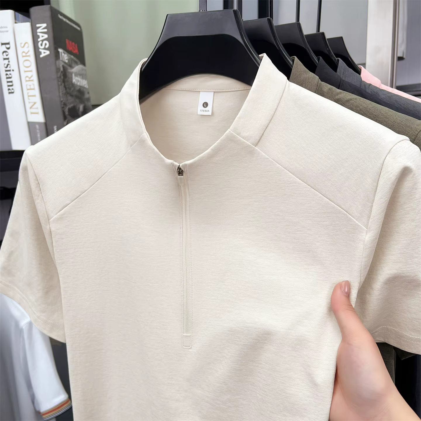 Polo pour homme, décontracté, à fermeture éclair, couleur unie, manches courtes, col montant, polyva