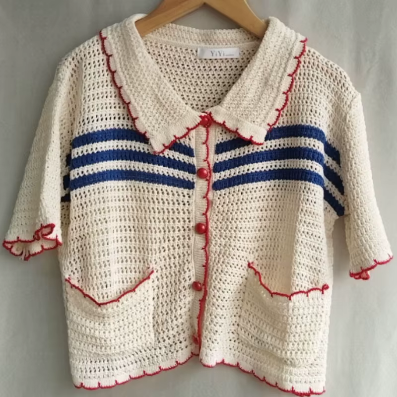 Korobov-T-shirt en tricot évidé à revers chic pour femme, petit style d'encens, crochet de fleur, ha