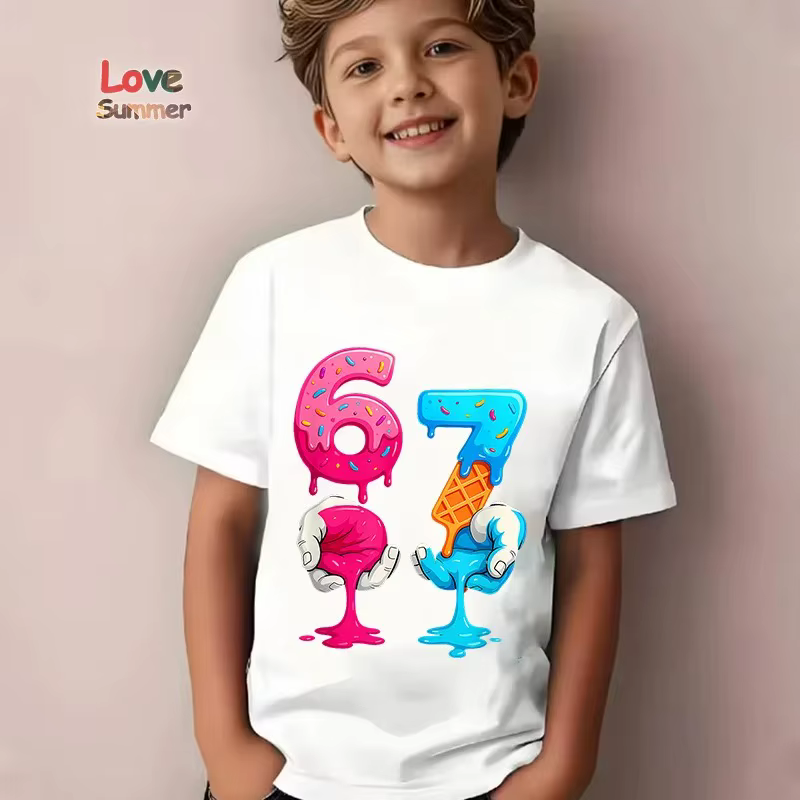 T-shirts pour garçons de 6 à 7 ans, T-shirt décontracté avec impression du numéro 67, style italien,