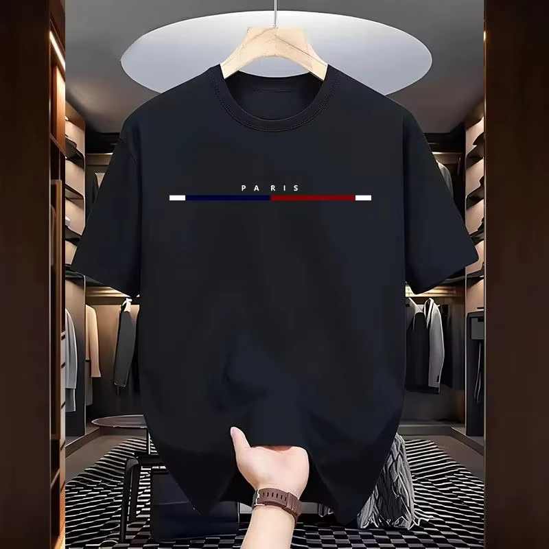 T-shirt en coton pour homme, style parisien, col rond, manches courtes, décontracté, confortable, po