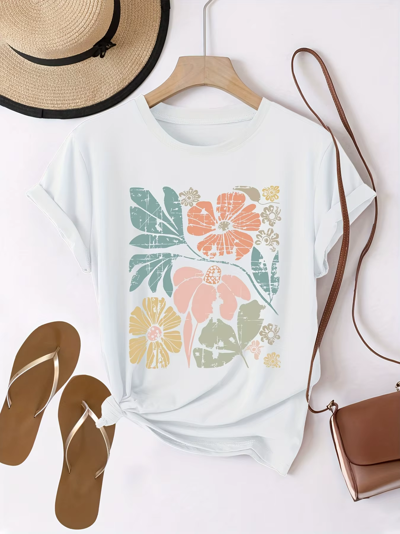 T-Shirt à imprimé graphique Floral pour femmes, décontracté, col rond, manches courtes, tissu tricot