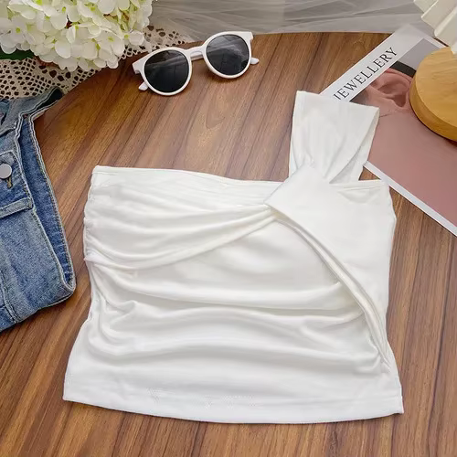 Haut Froncé Chic et Précieux pour Femme, Sangle Irrégulière, Pliage en Y, Solide, Fibris, Mode Corée