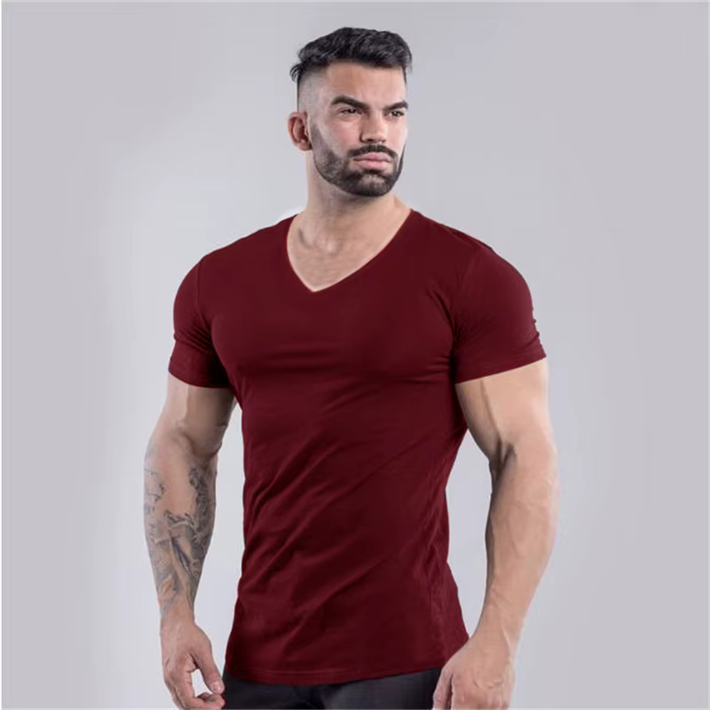 T-shirt de sport en coton uni pour hommes, vêtements de Fitness d'été, col en v, manches courtes, co