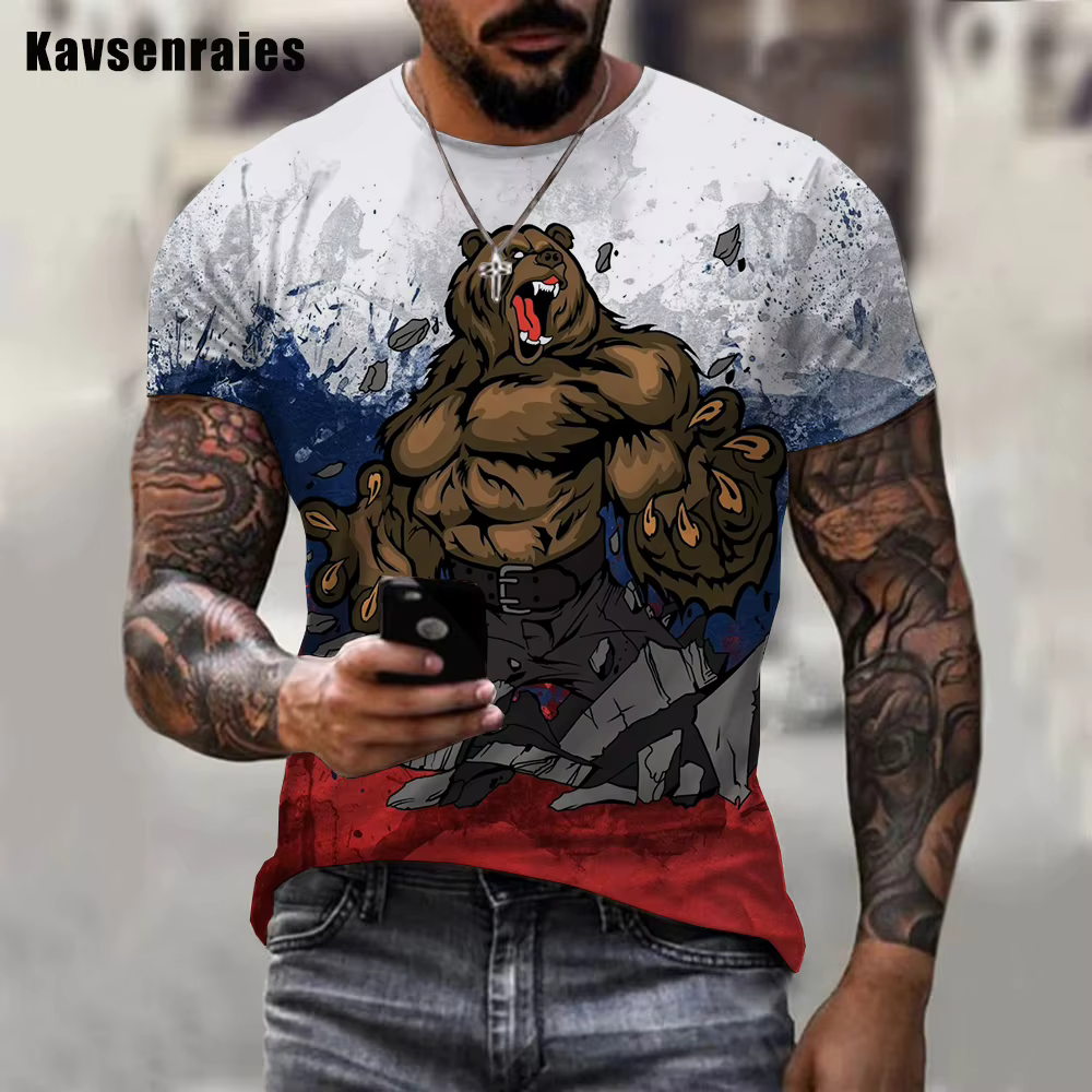 T-shirt manches courtes homme et femme, estival et décontracté, avec ours russe, à la mode, harajuku