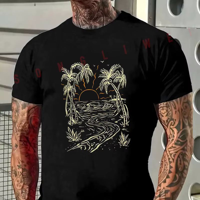 T-shirt imprimé style vacances en bord de mer avec motif insulaire pour homme, décontracté et tendan