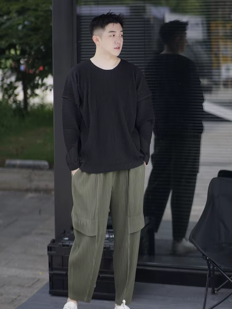 Miyake t-shirt plissé pour hommes col rond t-shirts pour hommes couleur unie couture manches haut à 