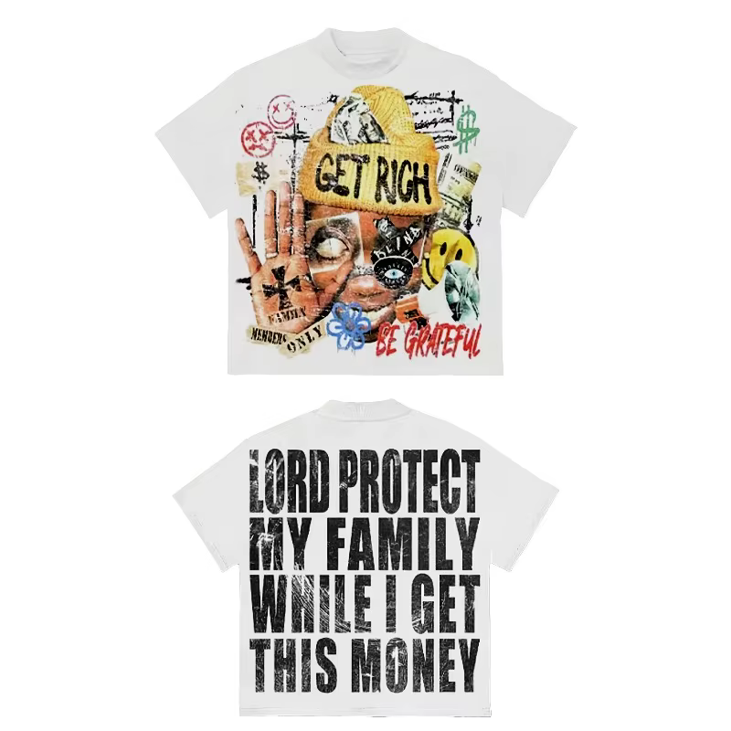 T-shirt à manches courtes pour hommes, motif Y2K, "obtenir riche et Dieu bénisse votre famille", slo