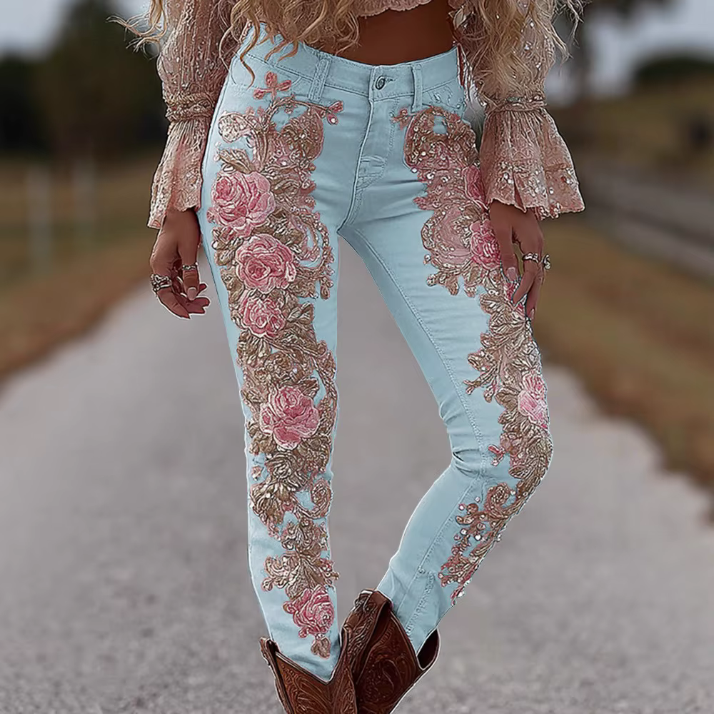 Pantalon en jean extensible pour femmes, imprimé floral 3D, coupe droite, décontracté