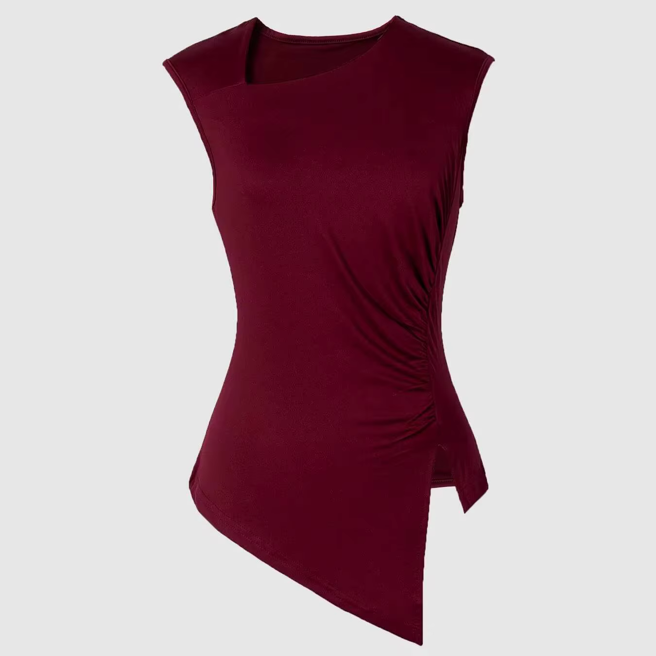 Haut sans manches pour femme, bordeaux, froncé sur le côté, ourlet asymétrique, coupe asymétrique à 