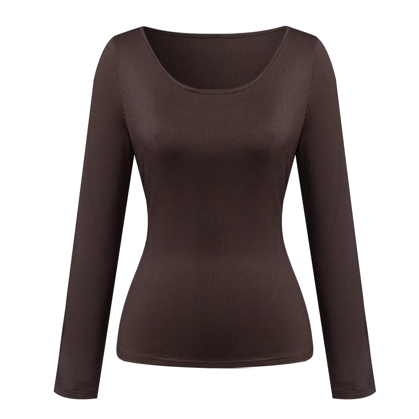 T-Shirt à manches longues pour femmes, marron foncé, côtelé, large col rond, coupe cintrée, printemp
