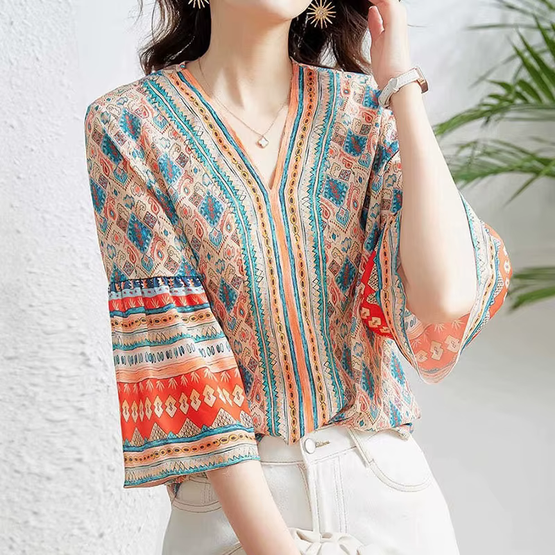 Chemises à manches évasées pour femmes, col en v, ample, décontractée, imprimé Floral, style Boho, m