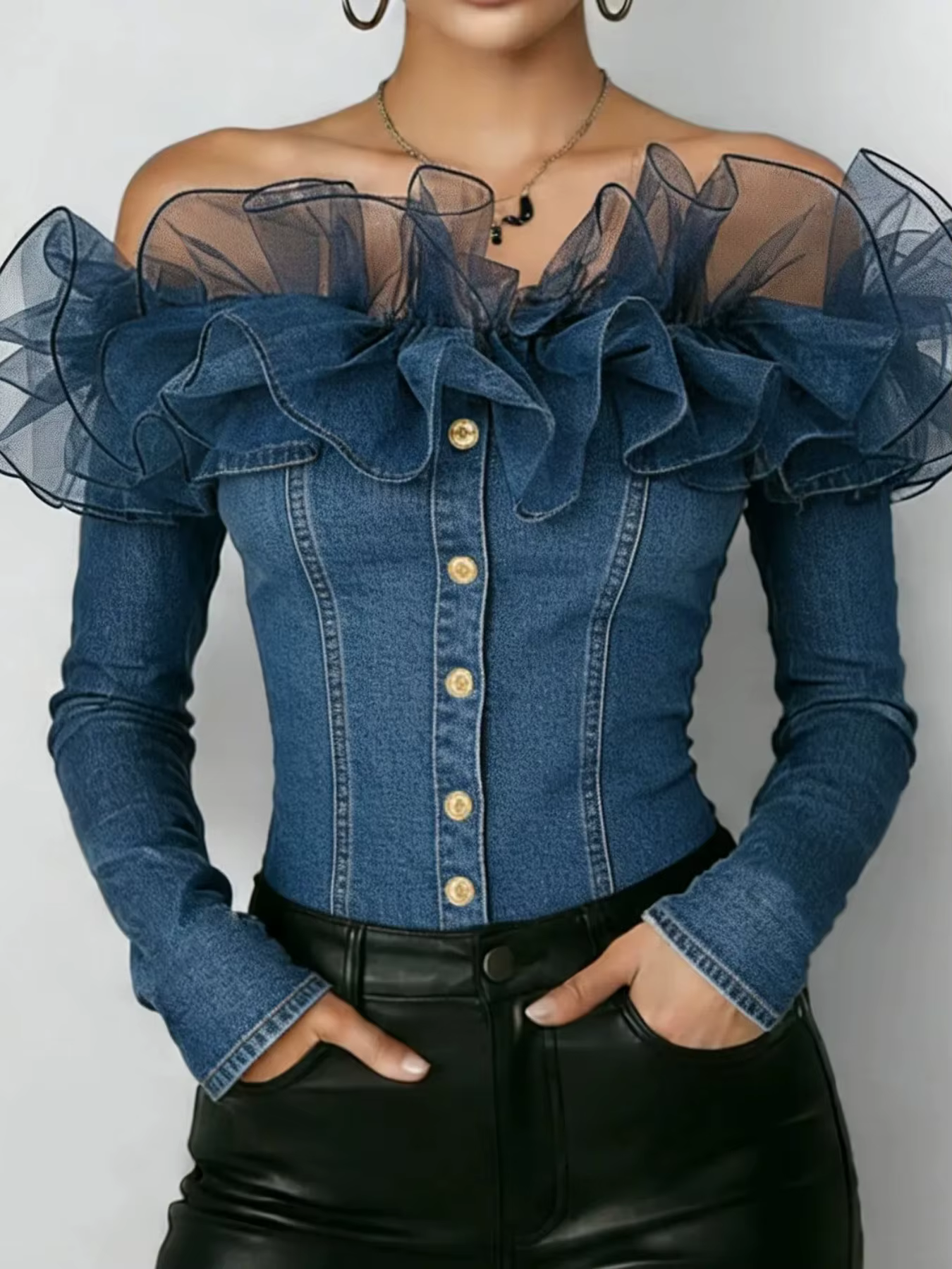 Chemisier en jean rétro pour femme, coupe slim, à épaules dénudées, à manches longues, à simple bout