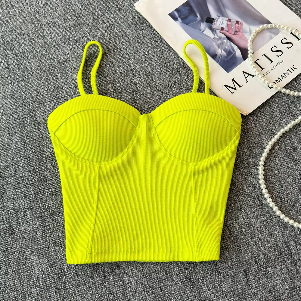 Camisoles fines et solides pour femmes, soutien-gorge intégré, bretelles fines, précieux, été, polyv