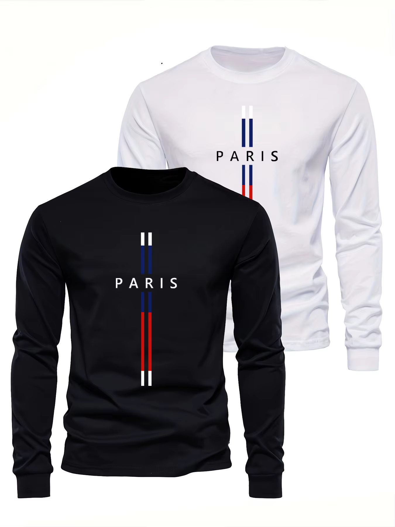 T-shirt à manches longues pour homme, col rond, imprimé graphique Paris Letter, 100% coton pur, ampl