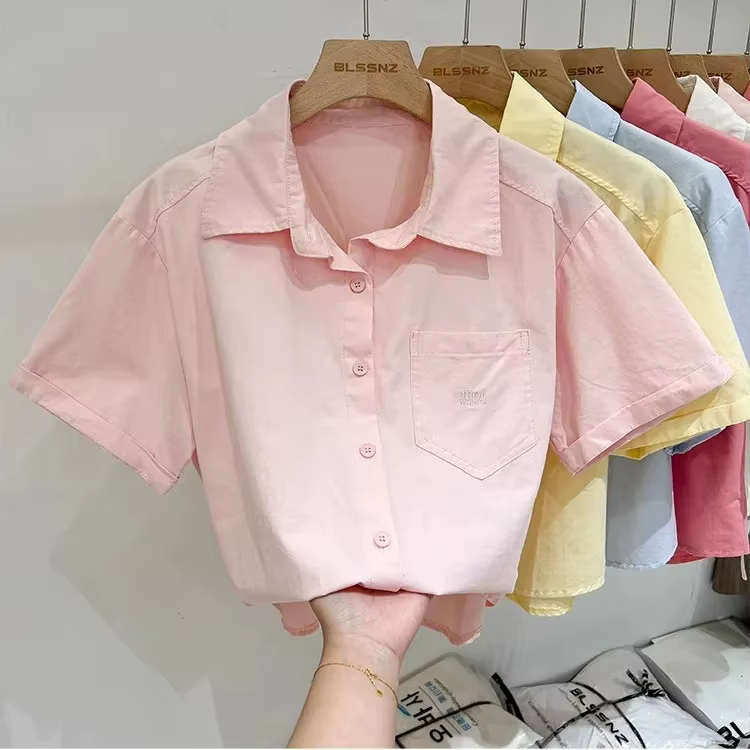 Été coton à manches courtes hauts femmes 2025 nouveaux cols Polo chemise courte brodée Blouses décon