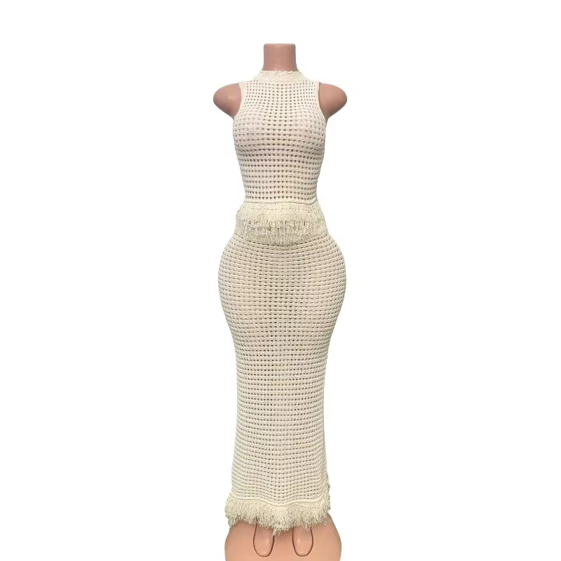 Ensemble 2 pièces en crochet pour femme, style plage d'été, comprenant un haut sans manches ajouré à