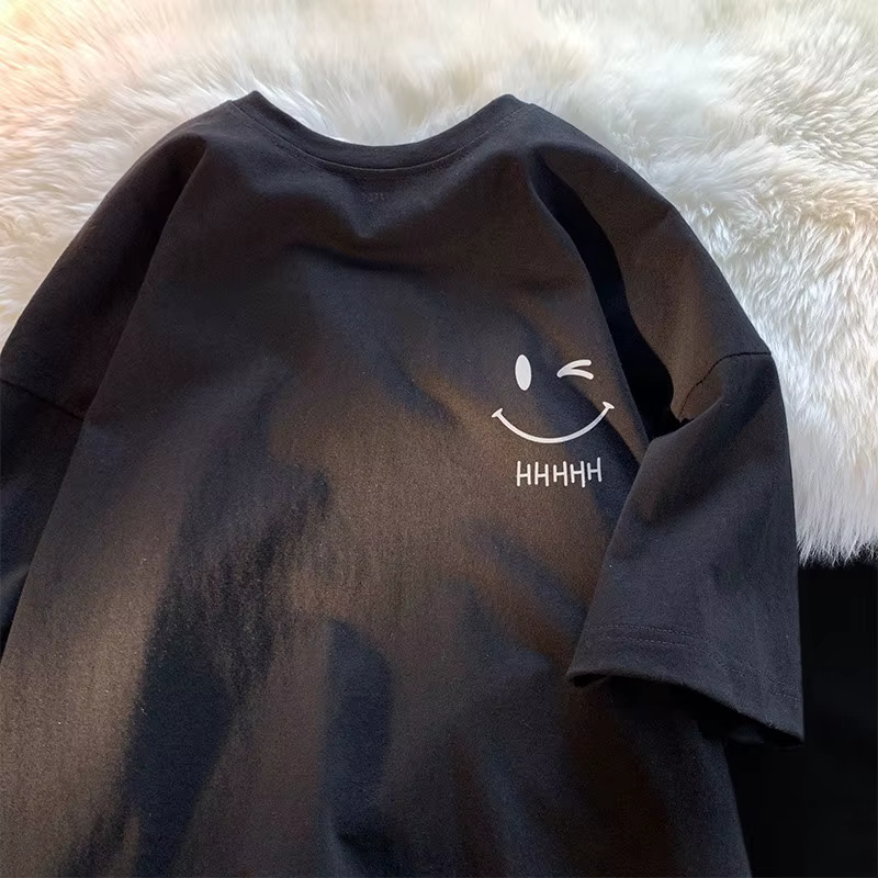 T-shirt à manches courtes pour hommes et femmes, visage souriant, drôle, mode Couple, basique améric
