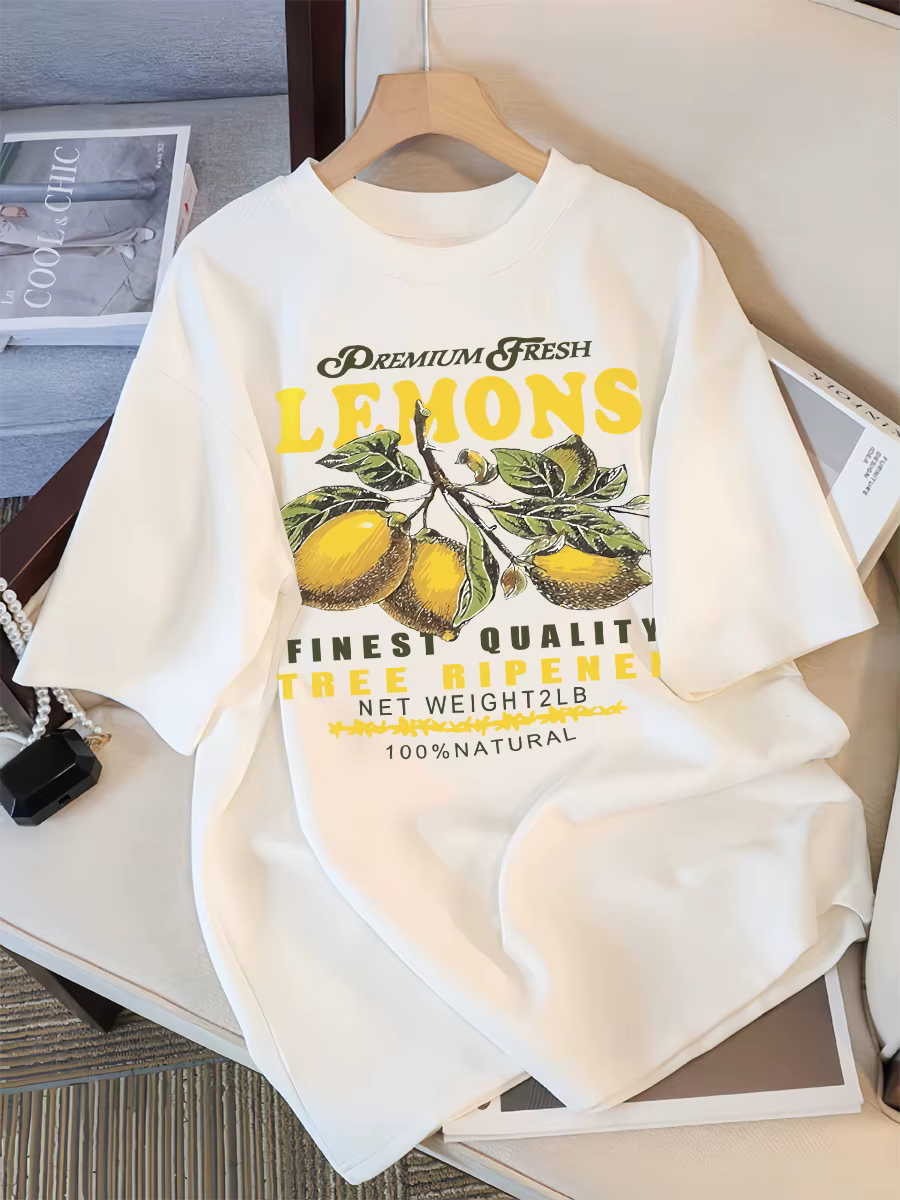 Citrons Fruits Premium frais impression t-shirt femme ample coton vêtements de sport col rond décont