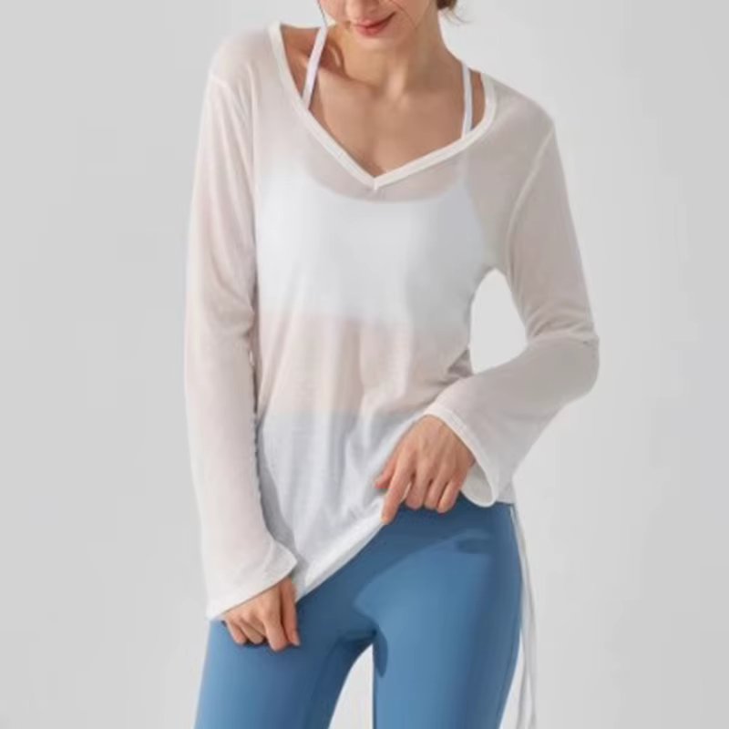 T-shirt de sport de yoga pour femmes, chemise de sport légère et fine avec cordon de serrage, ample,
